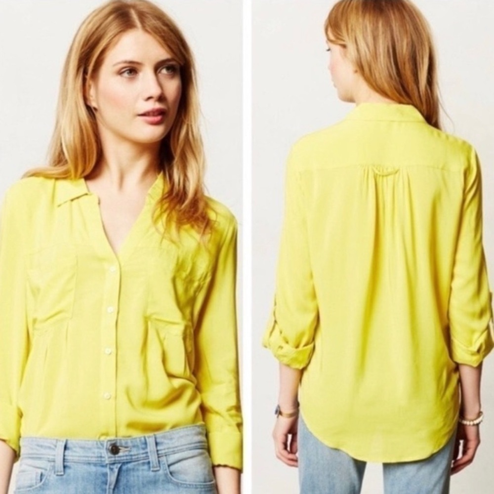 ANTHROPOLOGIE Maeve Lemon Yellow Islet Long Sleeve Button-Up Blouse size Small